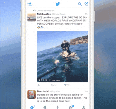 إدماج البث الحي عبر برنامج بيرسكوب Periscope مباشرة في تويتر، بدءا من تطبيق iOS