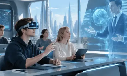 الذكاء الاصطناعي في التعليم من خلال طالبة تستخدم أجهزة رقمية للدراسة في قاعة تعليمية حديثة