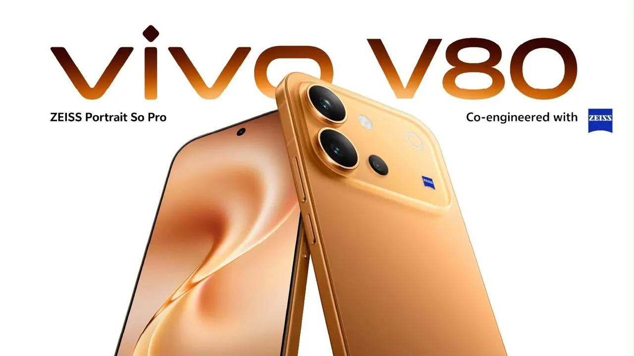 هاتف vivo V80 بخياري الألوان البرتقالي والرمادي