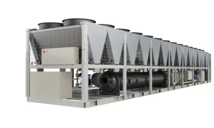 data center cooling: LG air-cooled centrifugal chiller unit installed at a technical facility