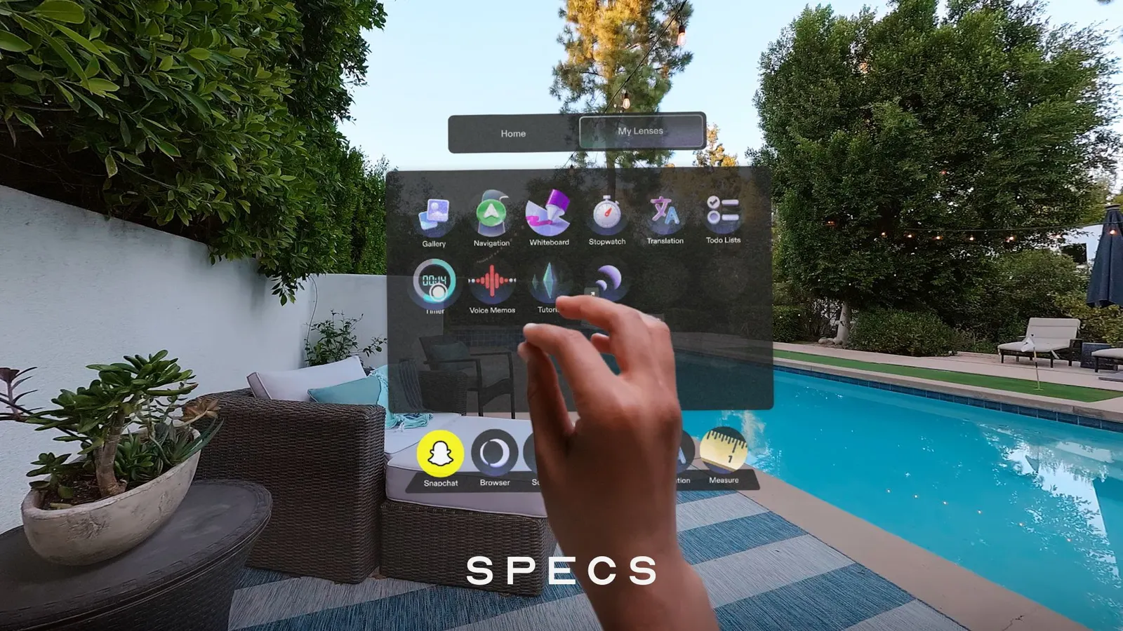 SPECS AR glasses home menu interface displayed on screen