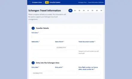 Schengen visa scam phishing warning shown with traveler passport and laptop