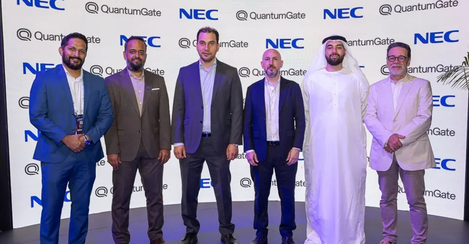 Executives from QuantumGate and NEC GCC meet during their collaboration announcement