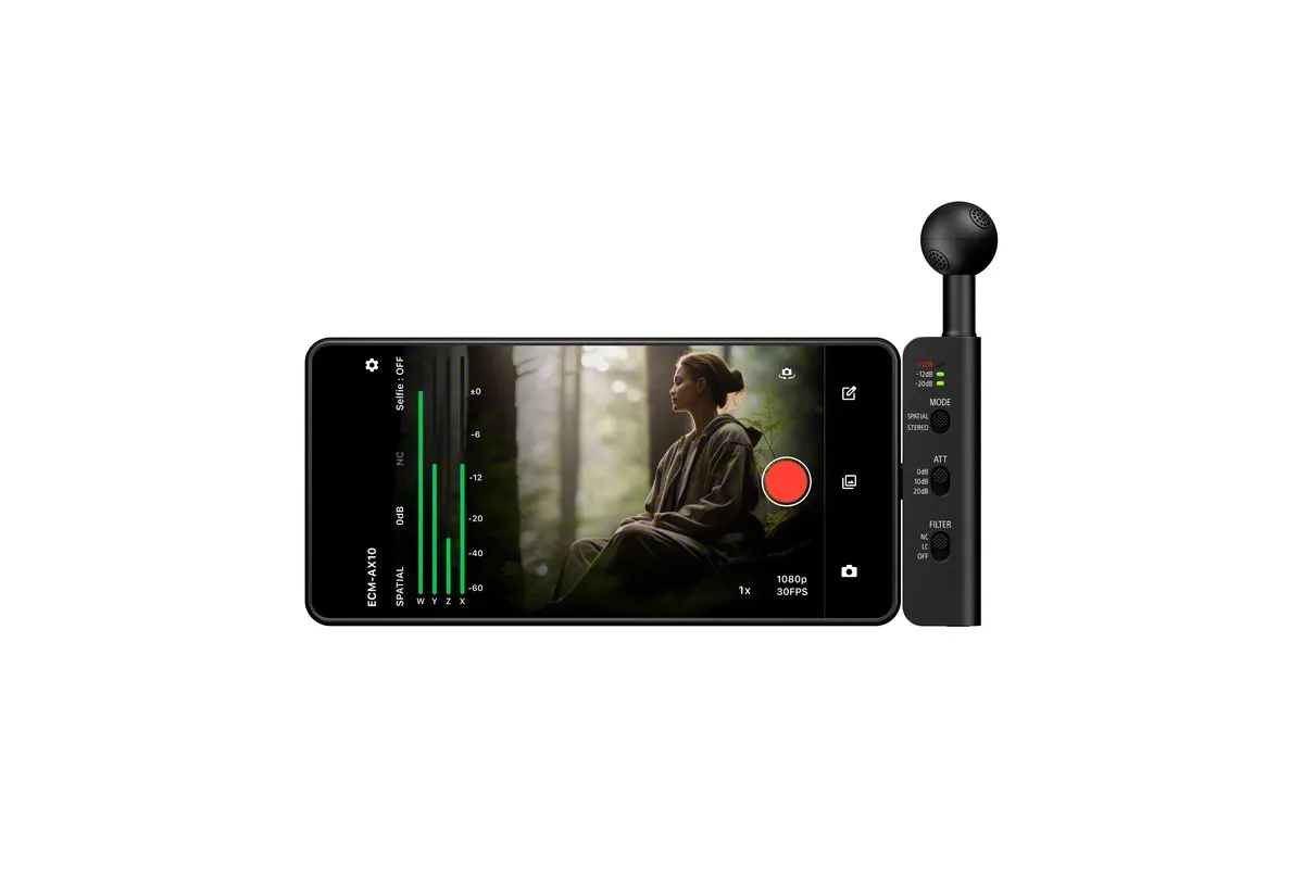 Sony ECM-AX10 microphone plugged into a smartphone port